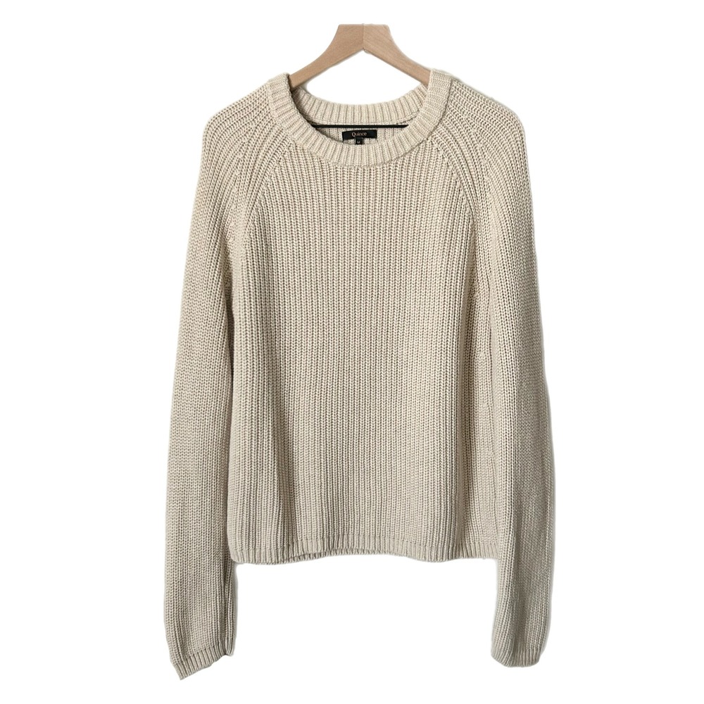 Quince Fisherman Crew Organic Cotton Speckled Beige Ribbed Knit Pullover Medium